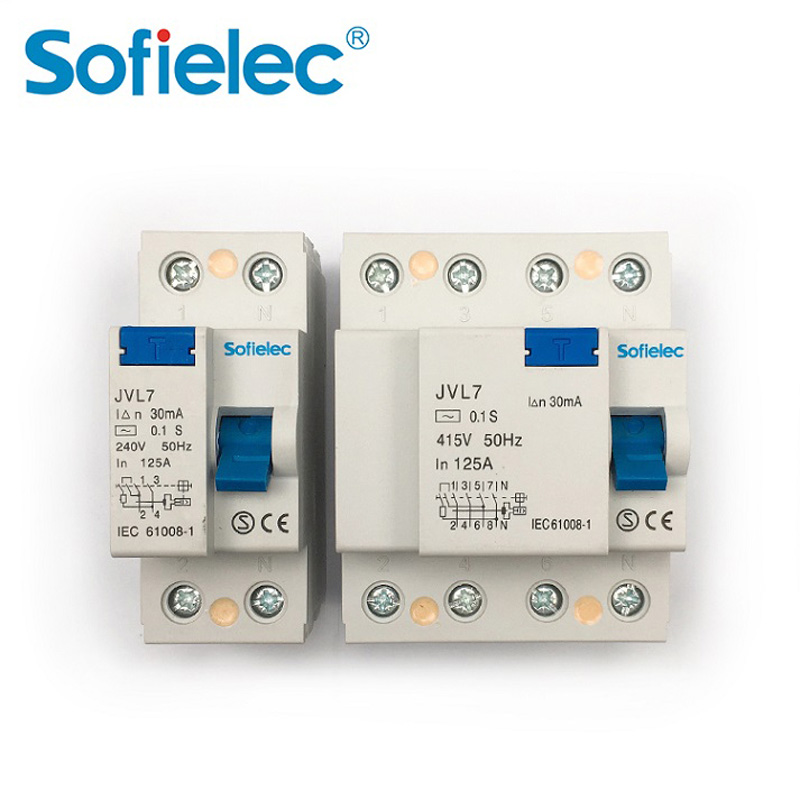 Interruptor diferencial magnético Sofielec JVL7 de 6 kA y 240 V, 100 A y 125 A, 2P y 4P, SEMKO, CB, homologación CE, tipo A, CA.