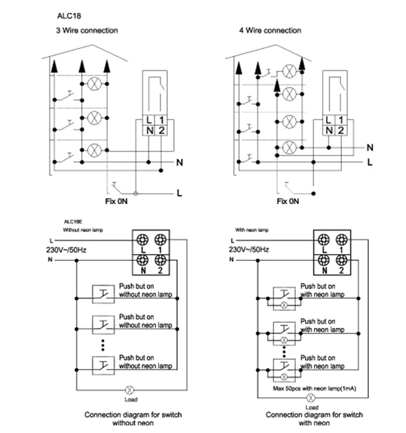 Ejemplo de conexión: Conexión de 3 cables ALC18, Conexión de 4 cables, Diagrama de conexión para interruptor sin neón