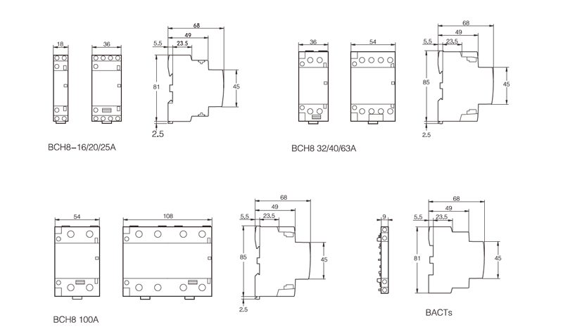 Dimensiones: DCH8-16/20/25A, DCH8 32/40/63A, BCH8 100A, BACT