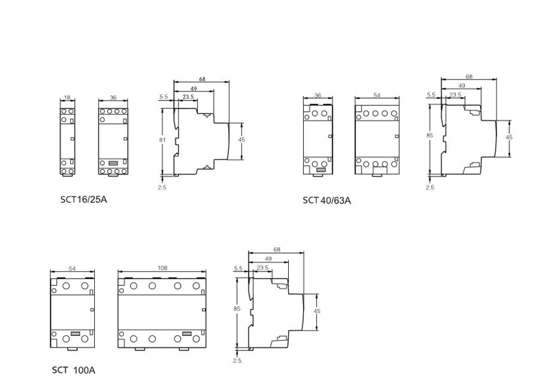 Dimensiones: SCT16/25A, SCT 40/63A, SCT 100A