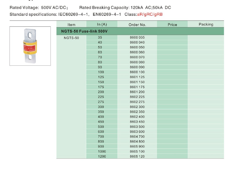 Tipo NGTS: Artículo, En (A), N.º de pedido, Precio, Embalaje