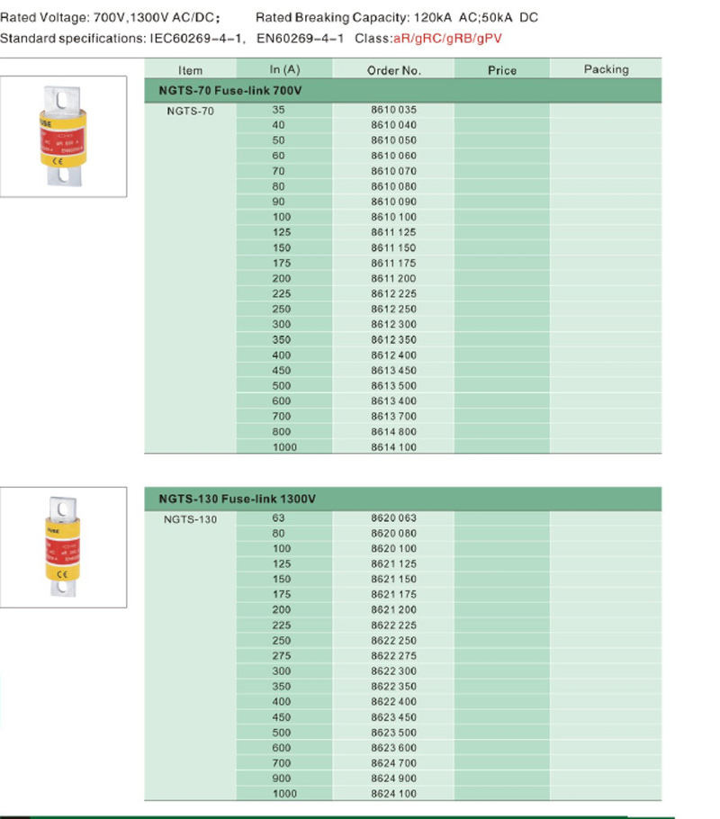 Voltaje nominal: 700 V, 1300 V CA/CC; Capacidad de ruptura nominal: 120 kA CA; 50 kA CC