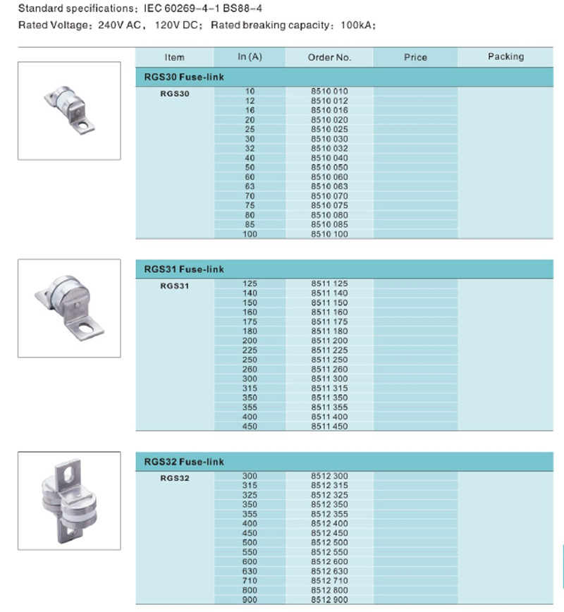 RGS3(LSCA)Tipo:Especificaciones estándar:IEC 60269-4-1 BS88-4;