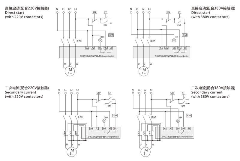 Diagrama de cableado: Arranque directo (con contactores de 220 V), Arranque directo (con contactores de 380 V), Corriente secundaria (con contactores de 220 V, Corriente secundaria (con contactores de 380 V)