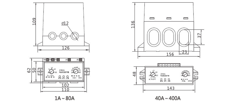 Dimensiones: 1A~80A, 40A~400A