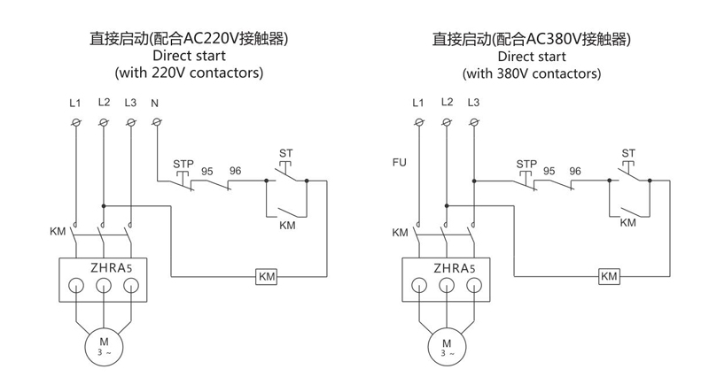 Diagrama de cableado: Arranque directo (con contactores de 220 V), Arranque directo (con contactores de 380 V)