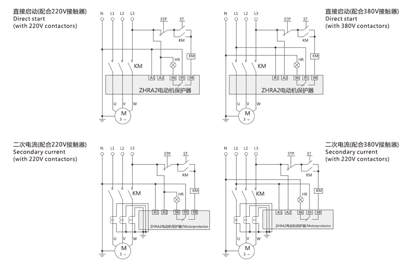 Diagrama de cableado: Arranque directo (con contactores de 220 V), Arranque directo (con contactores de 380 V), Corriente secundaria (con contactores de 220 V, Corriente secundaria (con contactores de 380 V)