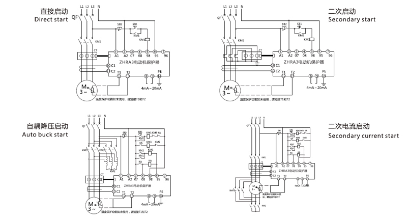 Diagrama de cableado: Arranque directo, Arranque secundario, Arranque automático, Arranque de corriente secundaria