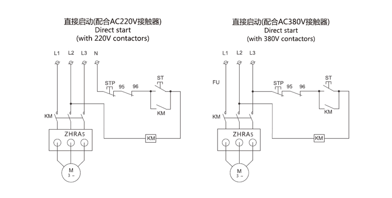 Diagrama de cableado: Arranque directo (con contactores de 220 V), Arranque directo (con contactores de 380 V)