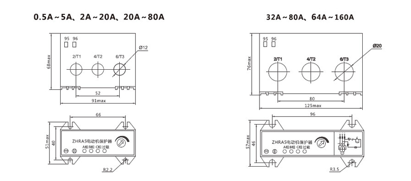 Dimensiones0.5A~5A、2A~20A、20A~80A;32A~80A、64A~160A