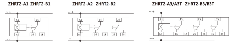 Diagrama de cableado: ZHRT2-A1, ZHRT2-B1, ZHRT2-A2, ZHRT2-B2, ZHRT2-A3/A3T, ZHRT2-B3/B3T.