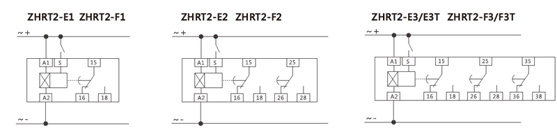 Diagrama de cableado: ZHRT2-E1 ZHRT2-F1; ZHRT2-E2 ZHRT2-F2, ZHRT2-E3/E3T ZHRT2-F3/F3T.