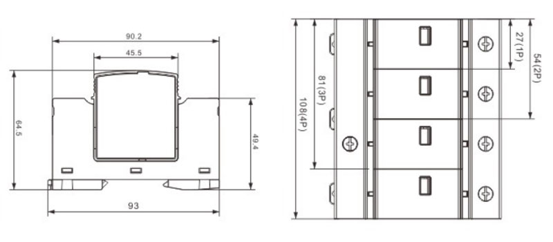 Dimensiones del dispositivo de protección contra sobretensiones